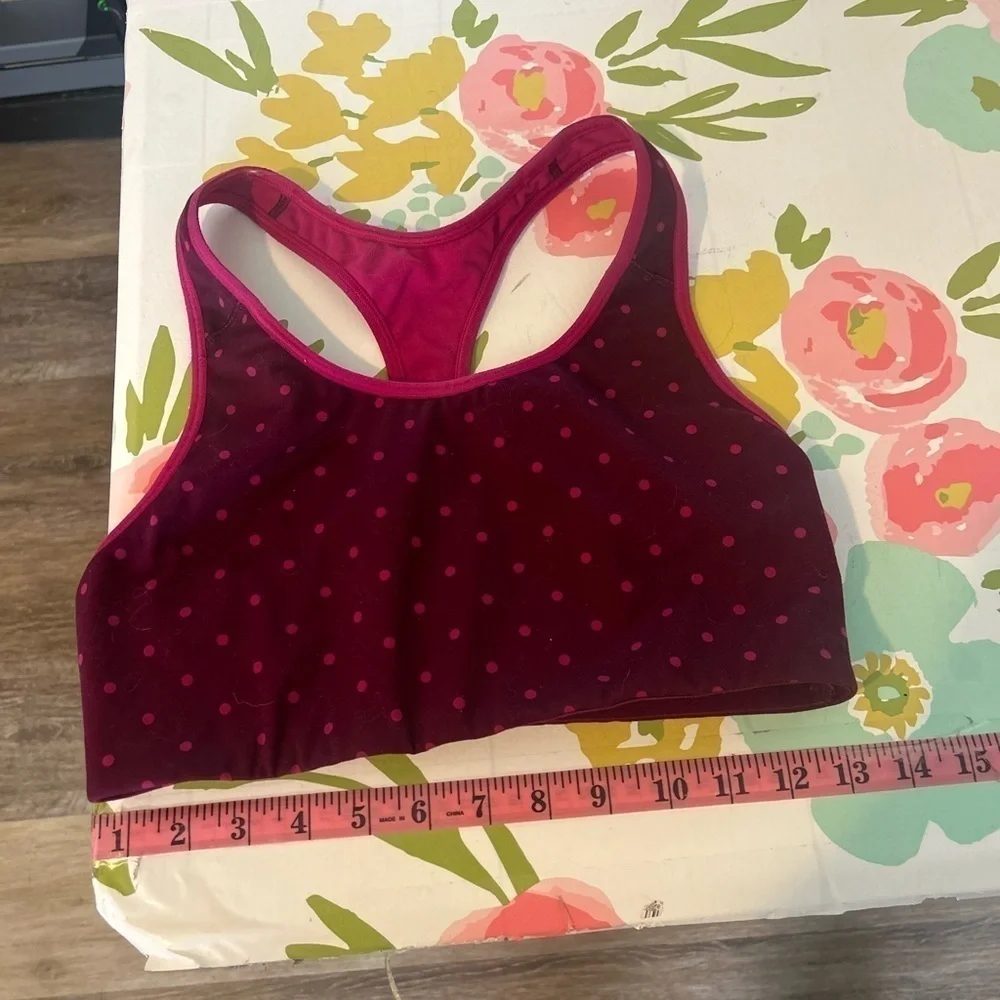 Old Navy active go dry, medium burgundy, pink polkadot, sports bra